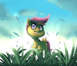 Size: 1600x1375 | Tagged: safe, artist:sourspot, scootaloo, g4, feather, female, implied rainbow dash, solo