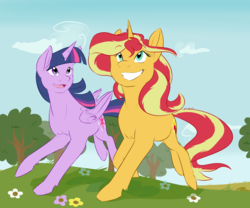 Size: 1200x1000 | Tagged: dead source, safe, artist:kourabiedes, sunset shimmer, twilight sparkle, alicorn, pony, unicorn, g4, cute, female, horses doing horse things, running, shimmerbetes, smiling, twilight sparkle (alicorn)