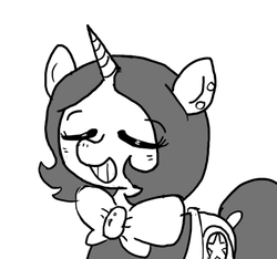 Size: 640x600 | Tagged: safe, artist:ficficponyfic, oc, oc only, oc:joyride, pony, unicorn, colt quest, bags under eyes, bowtie, cutie mark, ear piercing, eyes closed, eyeshadow, female, grin, happy, horn, makeup, mantle, mare, monochrome, piercing, simple background, smiling, solo, story included, white background
