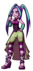 Size: 1932x4092 | Tagged: safe, artist:gabbslines, aria blaze, equestria girls, g4, boots, clothes, female, high res, jewelry, microphone, necklace, pantyhose, pendant, pigtails, skirt, sleeveless, solo, striped pantyhose