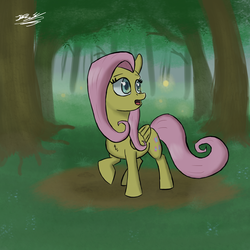 Size: 1700x1700 | Tagged: safe, artist:hypno, fluttershy, g4, female, forest, looking back, solo