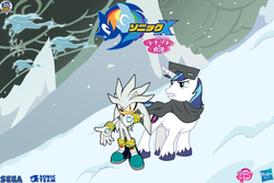 Size: 900x600 | Tagged: safe, artist:trungtranhaitrung, shining armor, windigo, g4, crossover, hasbro, japanese, logo, male, mountain, sega, silver the hedgehog, snow, snowfall, sonic team, sonic the hedgehog, sonic the hedgehog (series)