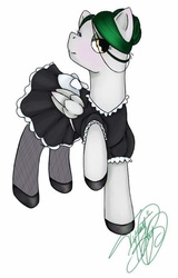 Size: 499x782 | Tagged: safe, artist:nightingale rosemary, oc, oc only, oc:nightingale rosemary, pegasus, pony, blushing, clothes, dress, fishnet stockings, maid, pantyhose, shoes, solo