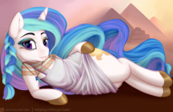 Size: 1024x663 | Tagged: safe, artist:aisuroma, princess celestia, g4, alternate hairstyle, bedroom eyes, braid, clothes, dress, egyptian, eyeshadow, female, jewelry, looking at you, makeup, necklace, on side, shoes, smiling, solo, wide hips