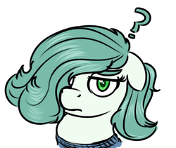 Size: 800x674 | Tagged: safe, artist:hipsanon, oc, oc only, oc:emerald jewel, earth pony, pony, colt quest, bandana, child, color, colt, floppy ears, foal, frown, hair over one eye, image macro, lidded eyes, looking at you, male, meme, question mark, reaction image, simple background, solo, white background