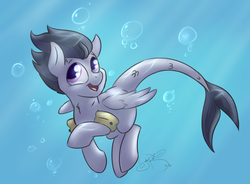 Size: 2853x2103 | Tagged: safe, artist:jorobro, rumble, hippocampus, merpony, g4, bubble, commission, floaty, high res, male, scales, solo, species swap, swimming, tail, underwater, water wings