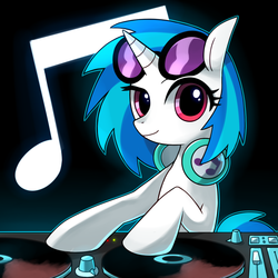 Size: 1000x1000 | Tagged: dead source, safe, artist:9seconds, dj pon-3, vinyl scratch, pony, unicorn, g4, cutie mark, cutie mark background, female, glasses, headphones, looking at you, mare, music notes, raised eyebrow, smiling, solo, sunglasses, turntable
