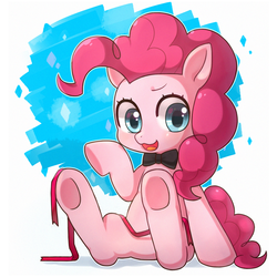 Size: 1024x1024 | Tagged: dead source, safe, artist:9seconds, pinkie pie, earth pony, pony, g4, bowtie, cute, diapinkes, female, looking at you, mare, raised hoof, ribbon, sitting, smiling, solo