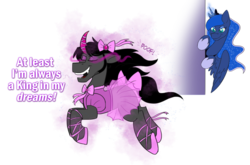 Size: 1280x843 | Tagged: safe, artist:wiggles, king sombra, princess luna, ask king sombra, g4, ballerina, crossdressing, curved horn, dream, hiding, horn, simple background, sissy, sombra eyes, transparent background