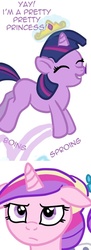 Size: 500x1376 | Tagged: safe, artist:kuromi, idw, princess cadance, twilight sparkle, g4, boing, cadance is not amused, filly, filly twilight sparkle, floppy ears, onomatopoeia, sproing, teen princess cadance, twilight wants to be a princess, unamused