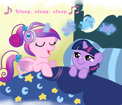 Size: 1280x1109 | Tagged: safe, artist:kuromi, princess cadance, twilight sparkle, alicorn, pony, sheep, unicorn, g4, counting sheep, eyes closed, filly, filly twilight sparkle, foalsitter, headphones, lullaby, magic, music notes, open mouth, singing, smiling, teen princess cadance, tiny ewes