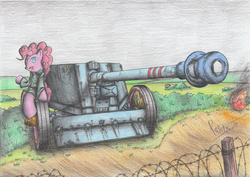 Size: 2329x1653 | Tagged: safe, artist:patoriotto, derpy hooves, pinkie pie, pegasus, pony, g4, anti-tank gun, barbed wire, clothes, female, fire, mare, pak 40, sitting, traditional art, uniform, world war ii