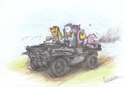 Size: 2017x1404 | Tagged: safe, artist:patoriotto, applejack, fluttershy, pinkie pie, rainbow dash, rarity, twilight sparkle, g4, clothes, mane six, traditional art, uniform, vw schwimmwagen, world war ii