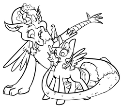 Size: 1280x1118 | Tagged: safe, artist:nobody, pinkie pie, twilight sparkle, alicorn, draconequus, pony, g4, black and white, draconequified, duo, female, grayscale, lineart, mare, mlpgdraws, monochrome, pinkonequus, species swap, this will end in fun, this will end in parties, twilight sparkle (alicorn), xk-class end-of-the-world scenario