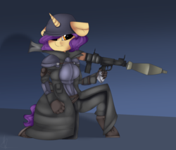 Size: 3338x2839 | Tagged: safe, artist:php35, oc, oc only, oc:lavender frappe, unicorn, anthro, fallout equestria, commission, fallout, fallout: new vegas, high res, rpg-7