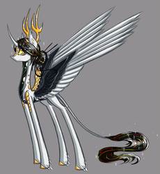 Size: 1024x1115 | Tagged: safe, artist:australian-senior, oc, oc only, oc:niomedes invictus, dracony, hybrid, kirin, kirindos, alternate universe, antlers, colored hooves, colored sclera, crossover, curved horn, glados, golden eyes, gray background, horn, leonine tail, portal, portal (valve), portal 2, scales, simple background, solo