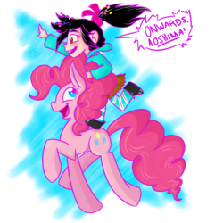 Size: 5000x5000 | Tagged: safe, artist:augustraes, pinkie pie, earth pony, human, pony, g4, absurd resolution, crossover, female, gravity falls, humans riding ponies, male, mare, riding, simple background, the inconveniencing, transparent background, vanellope von schweetz, wreck-it ralph