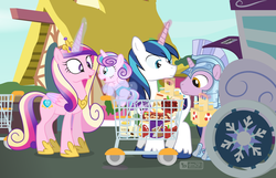 Size: 1240x800 | Tagged: safe, artist:dm29, princess cadance, princess flurry heart, shining armor, g4, carriage, cute, groceries, julian yeo is trying to murder us, royal guard, shopping, shopping cart