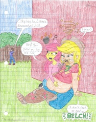 Size: 1607x2052 | Tagged: safe, artist:haleyc4629, apple bloom, applejack, human, equestria girls, g4, applefat, belly, belly button, big belly, burp, colored pencil drawing, dialogue, fat, lined paper, traditional art, weight gain