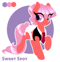 Size: 950x982 | Tagged: safe, artist:silkensaddle, oc, oc only, oc:sweet spot, clothes, diaper, freckles, non-baby in diaper, reference sheet, solo, vest