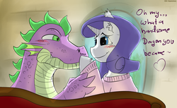 Size: 1024x628 | Tagged: safe, artist:kogentasama, rarity, spike, g4, blushing, boop, clothes, eye contact, female, male, older, older spike, ship:sparity, shipping, straight, sweater, text