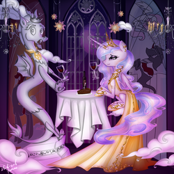 Size: 1000x1000 | Tagged: safe, artist:yuntaoxd, discord, king sombra, princess celestia, g4, alcohol, alternate clothes, bedroom eyes, bracelet, cake, cakelestia, clothes, cloud, crown, dinner, dress, ear piercing, earring, eyeshadow, female, food, glass, husbando dinner, jewelry, makeup, male, mare in the moon, night, petrification, piercing, regalia, shoes, stained glass, statue, statue discord, stone, tyrant celestia, wine, wine bottle, wine glass