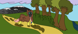 Size: 1616x703 | Tagged: safe, artist:amateur-draw, fluttershy, g4, 1000 hours in ms paint, cape, cloak, clothes, hidden face, ms paint, mud, muddy hooves, road, scenery