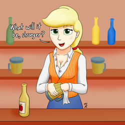 Size: 1280x1279 | Tagged: safe, artist:mkogwheel, applejack, human, g4, bartender, breasts, cleavage, clothes, female, humanized, shirt, solo, vest, waistcoat