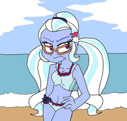 Size: 917x870 | Tagged: safe, artist:shonatabeata, sugarcoat, equestria girls, g4, beach, belly button, bikini, breasts, clothes, female, frown, glasses, hairpin, hand on hip, ocean, pigtails, sand, solo, swimsuit, twintails, unamused