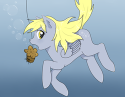 Size: 900x700 | Tagged: safe, artist:sashikuchan, derpy hooves, pegasus, pony, g4, female, fishing, food, mare, muffin, solo, swimming, underwater, water