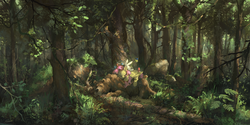 Size: 2160x1080 | Tagged: safe, artist:huussii, angel bunny, fluttershy, harry, bear, bird, butterfly, pegasus, pony, rabbit, animal, eyes closed, female, forest, male, mare, painterly, prone, scenery, scenery porn, sleeping
