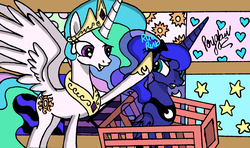 Size: 2961x1758 | Tagged: safe, artist:darkest-lunar-flower, derpibooru exclusive, princess celestia, princess luna, g4, bow, female, hair bow, missing accessory, momlestia, royal sisters, shopping cart, siblings, sisters, spread wings, store, varying degrees of want, wallpaper, wings