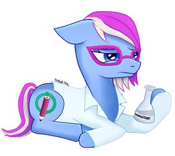 Size: 1213x1080 | Tagged: safe, artist:evescintilla, oc, oc only, oc:eve scintilla, earth pony, pony, chemistry, clothes, lab coat, lying, russian, solo