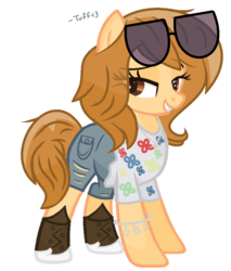 Size: 756x888 | Tagged: safe, artist:xxtuff-pegasisterxx, oc, oc only, oc:bre, bedroom eyes, boots, bracelet, clothes, cross, jewelry, necklace, shirt, shorts, solo, sunglasses, t-shirt