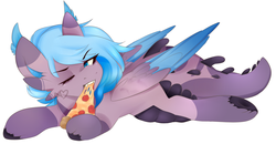 Size: 1024x531 | Tagged: safe, artist:princesstiramichyuu, oc, oc only, dracony, hybrid, colored wings, colored wingtips, eating, food, pizza, solo