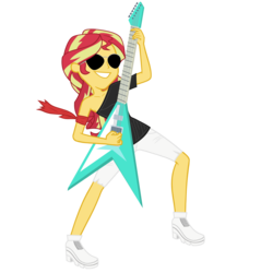 Size: 3000x3000 | Tagged: safe, artist:darthlena, sunset shimmer, equestria girls, g4, clothes, electric guitar, female, guitar, high res, musical instrument, playing, shorts, simple background, solo, sunglasses, sunset shredder, transparent background