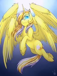 Size: 1415x1879 | Tagged: safe, artist:meggchan, oc, oc only, oc:blazing sun, alicorn, pony, seraph, seraphicorn, alicorn oc, blue background, colored pupils, flying, glowing eyes, multiple wings, simple background