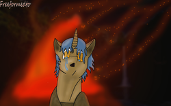 Size: 2560x1600 | Tagged: safe, artist:freeformedto, oc, oc only, oc:tourmaline form, changeling, hybrid, pony, unicorn, blurry background, brown fur, chitin, crying, fangs, fire, flowing mane, glowing eyes, halfling, sad