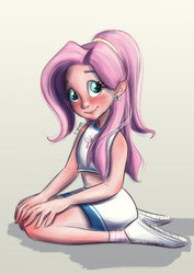 Size: 1024x1448 | Tagged: safe, artist:ciipott, fluttershy, human, g4, belly button, clothes, cute, female, humanized, looking at you, midriff, ponytail, shoes, shyabetes, skirt, smiling, socks, solo, tank top