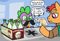 Size: 1000x681 | Tagged: safe, artist:shuffle001, granny smith, rainbow dash, spike, earth pony, pony, g4, cider, disguise, duo, fake id, id card, moustache, music notes, new rainbow dash, seems legit, supermarket