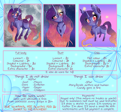 Size: 1968x1820 | Tagged: safe, artist:niniibear, oc, oc only, pony, unicorn, :o, advertisement, blue, blushing, bust, chibi, cloud, colored pupils, commission, commission info, cute, ethereal mane, freckles, full body, full moon, head tilt, horn, icon, info, looking at you, moon, night, open mouth, pink, price, price sheet, raised hoof, raised leg, sheet, smiling, starry mane, unicorn oc, unshorn fetlocks
