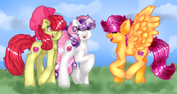 Size: 1171x621 | Tagged: safe, artist:musiccannon, apple bloom, scootaloo, sweetie belle, g4, cutie mark, cutie mark crusaders, open mouth, the cmc's cutie marks