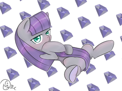 Size: 1016x765 | Tagged: safe, artist:jonathan the awesome, derpibooru exclusive, maud pie, g4, blushing, colored pupils, covering, cutie mark background, female, looking at you, on back, signature, solo, tail covering, tail hug, underhoof, wrong cutie mark