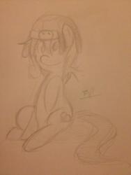 Size: 600x800 | Tagged: safe, artist:coin-trip39, oc, oc only, oc:heartbreak, earth pony, pony, turtle, branding, cross-eyed, derp, female, hat, heart, human in equestria, human to pony, i like turtles, male to female, mare, messy mane, monochrome, my little heartbreak, rule 63, sitting, sketch, smiling, solo, traditional art, wip