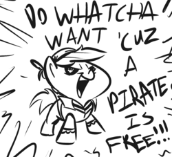 Size: 1100x1000 | Tagged: safe, artist:tess, pipsqueak, earth pony, pony, g4, clothes, colt, cute, foal, lazytown, male, monochrome, open mouth, pirate, smiling, smirk, solo, yelling, you are a pirate