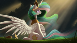 Size: 2000x1125 | Tagged: safe, artist:ncmares, princess celestia, alicorn, pony, g4, crepuscular rays, crown, female, grass, horseshoes, jewelry, looking up, mare, outdoors, peytral, rain, regalia, signature, sitting, solo, spread wings