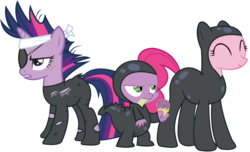 Size: 5729x3490 | Tagged: safe, artist:joemasterpencil, pinkie pie, spike, twilight sparkle, dragon, earth pony, pony, unicorn, g4, it's about time, bandage, catsuit, eyepatch, eyes closed, female, food, happy, ice cream, ice cream cone, male, mare, scar, simple background, transparent background, trio, unicorn twilight, vector