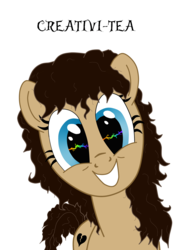 Size: 2550x3507 | Tagged: safe, artist:nopony-special, oc, oc only, oc:heartbreak, earth pony, pony, blue eyes, branding, female, heart, high res, human in equestria, human to pony, male to female, mare, messy mane, my little heartbreak, portrait, rainbow, rule 63, smiling, solo, spark, sparks, teeth