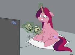 Size: 2037x1519 | Tagged: safe, artist:rapidstrike, oc, oc only, oc:gloomy, angry, arcade stick, frustrated, gritted teeth, magic, pillow, rage quit, sitting, solo, telekinesis, television, video game