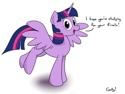 Size: 1615x1219 | Tagged: safe, artist:rapidstrike, twilight sparkle, alicorn, pony, g4, female, leaning, looking at you, open mouth, public service announcement, simple background, smiling, solo, spread wings, studying, twilight sparkle (alicorn), white background